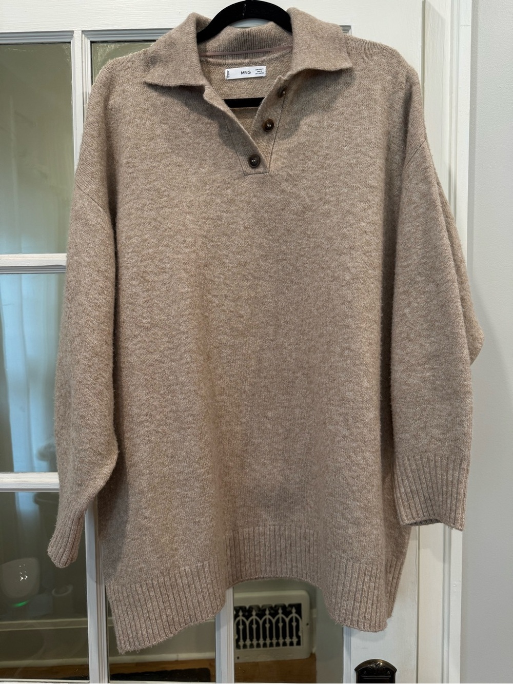 Mango Taupe Oversized Collared Button V-Neck Sweater